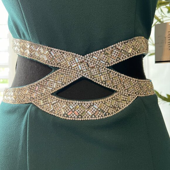 David's Bridal Hunter Green Sequined Waist Cutout Gown - Picture 6 of 7